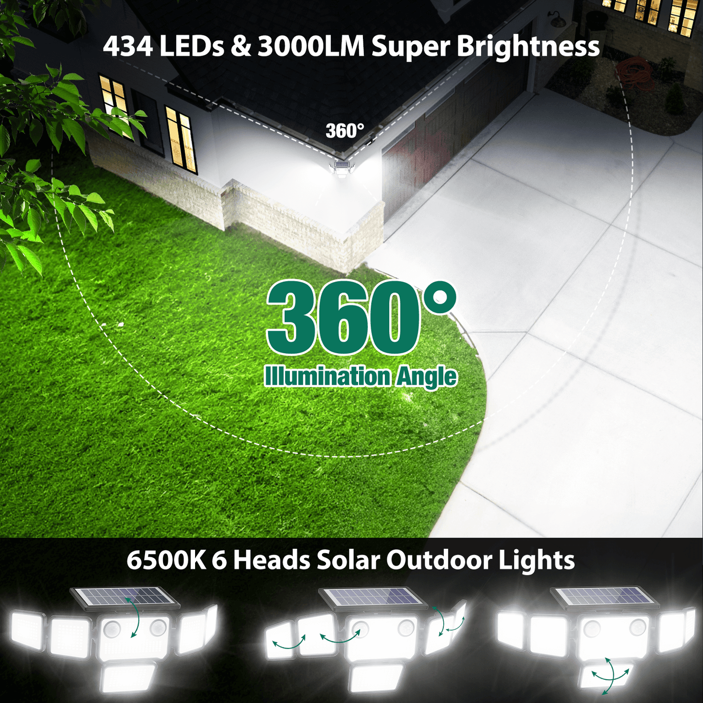 Omibee 3000LM 6-Head Outdoor Solar Lights