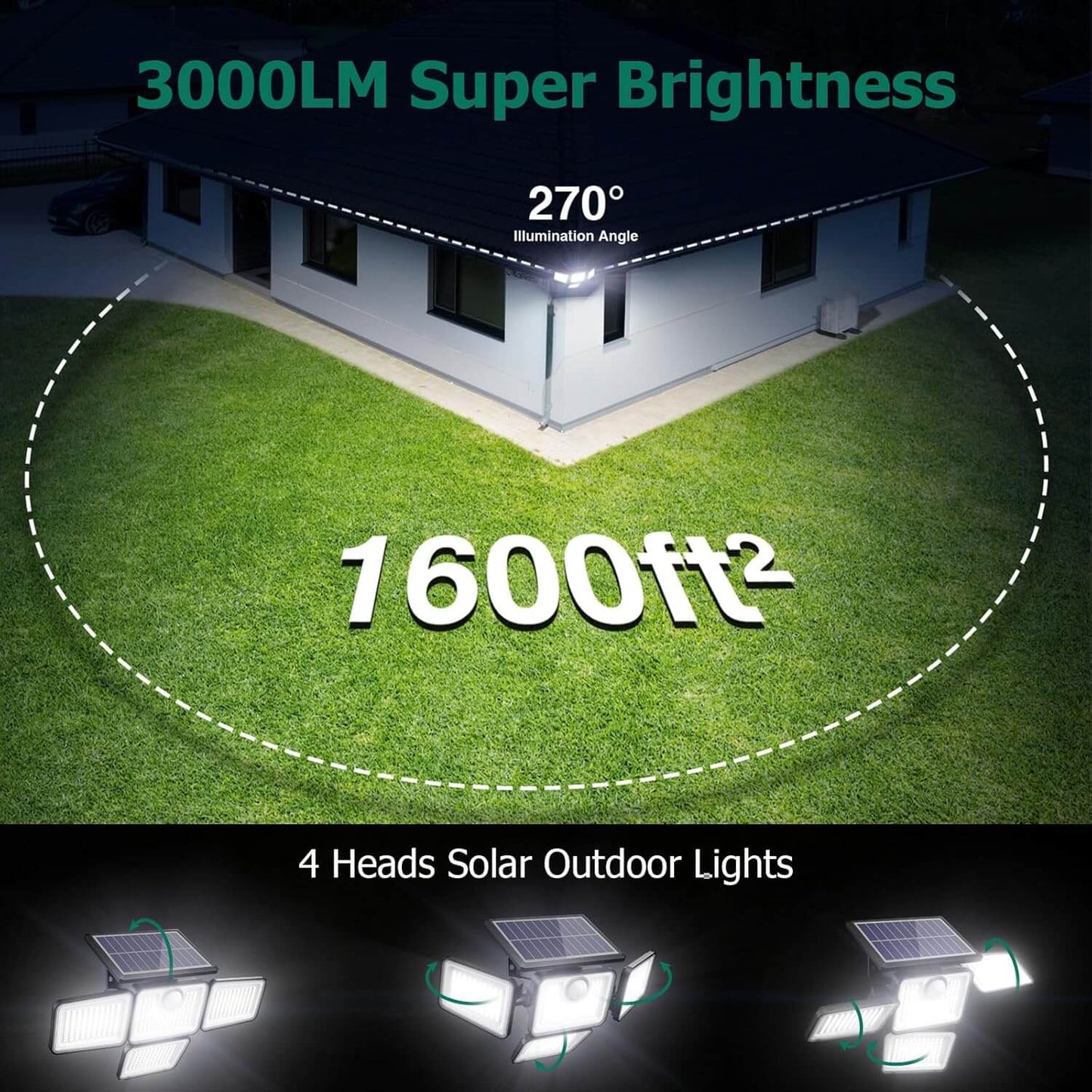 Omibee 3000LM 4 Heads Solar Motion Sensor Lights