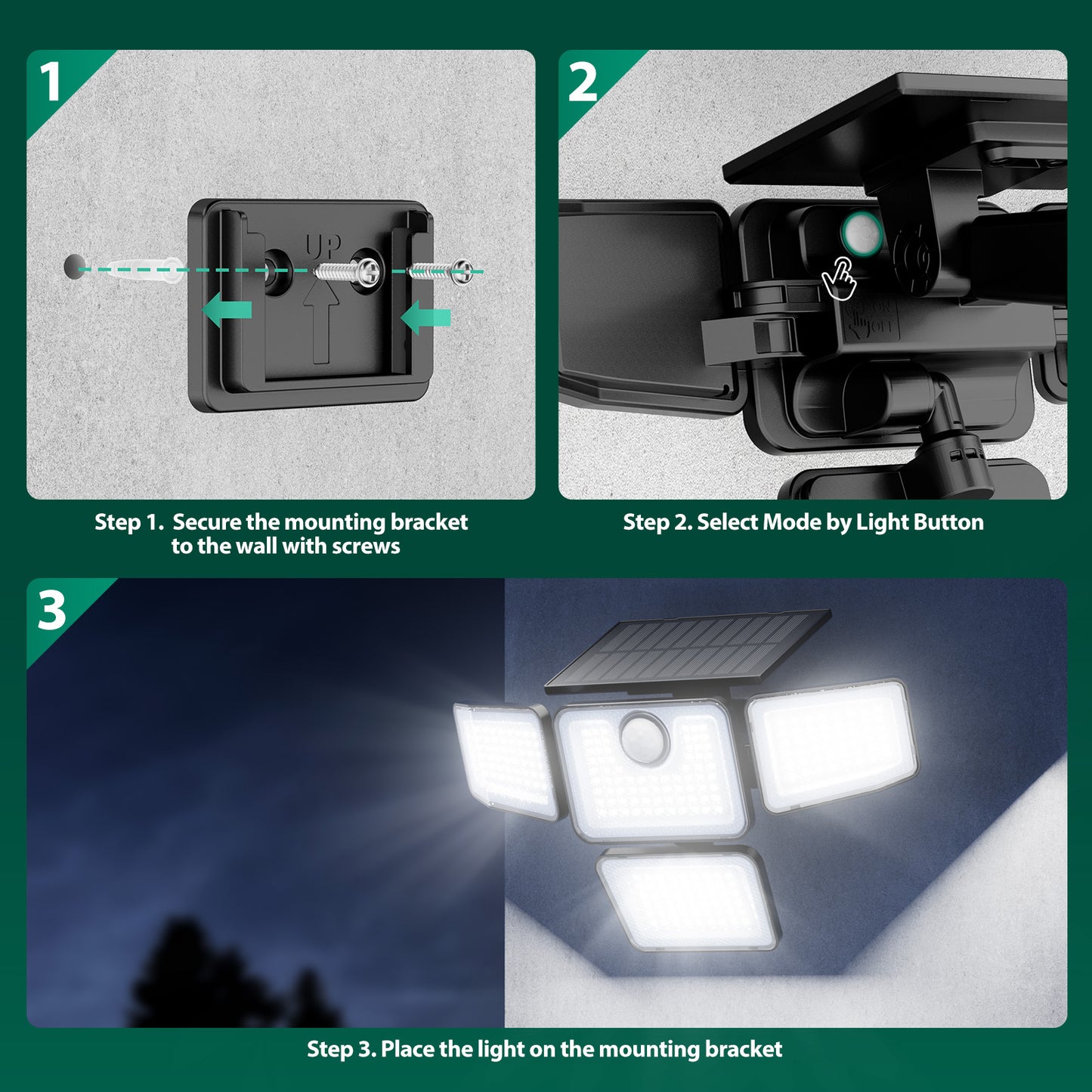 Omibee 3000LM 4 Heads Solar Motion Sensor Lights